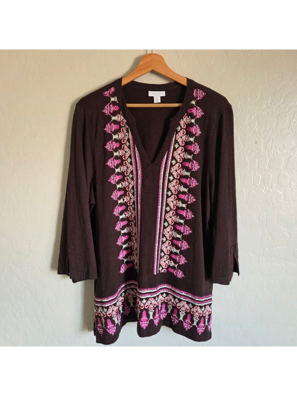 Charter Club Beaded Split V-Neck Tunic Top Brown/Pink XL Bohemian Tribal Western
